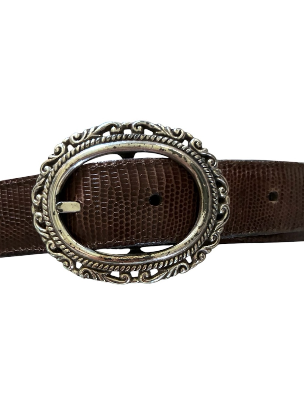 Reversible Leather Textured Belt 2 Tone Ornate Silver Oval Buckle Brown Blck Med